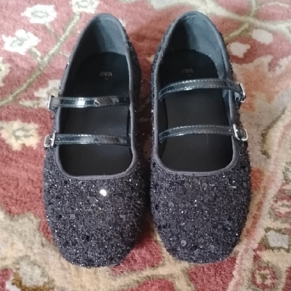 New Zara Black Sequin + Boucle Mary Jane Shoes 38